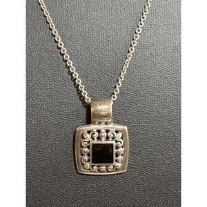 Sterling Silver Square Pendant Necklace Ornate Design & Black Stone 18" Chain